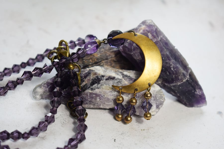 Crescent Moon Necklace with Amethyst and Glass Beads