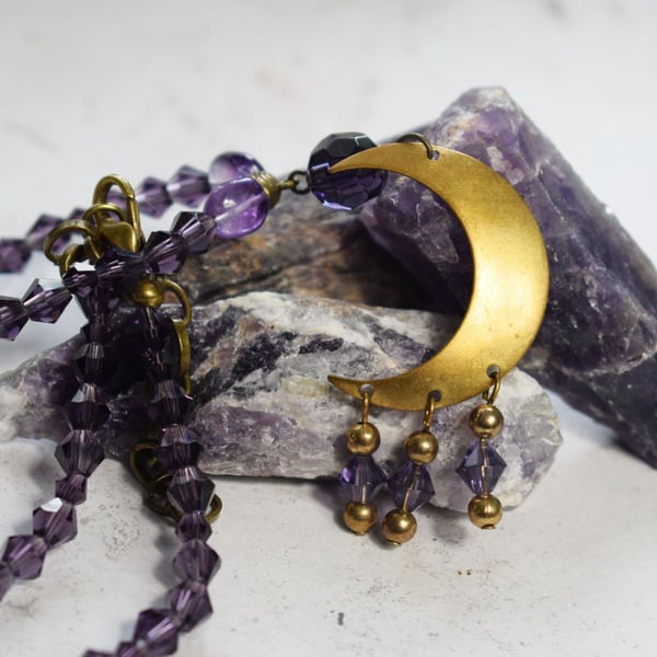 Crescent Moon Necklace with Amethyst and Glass Beads