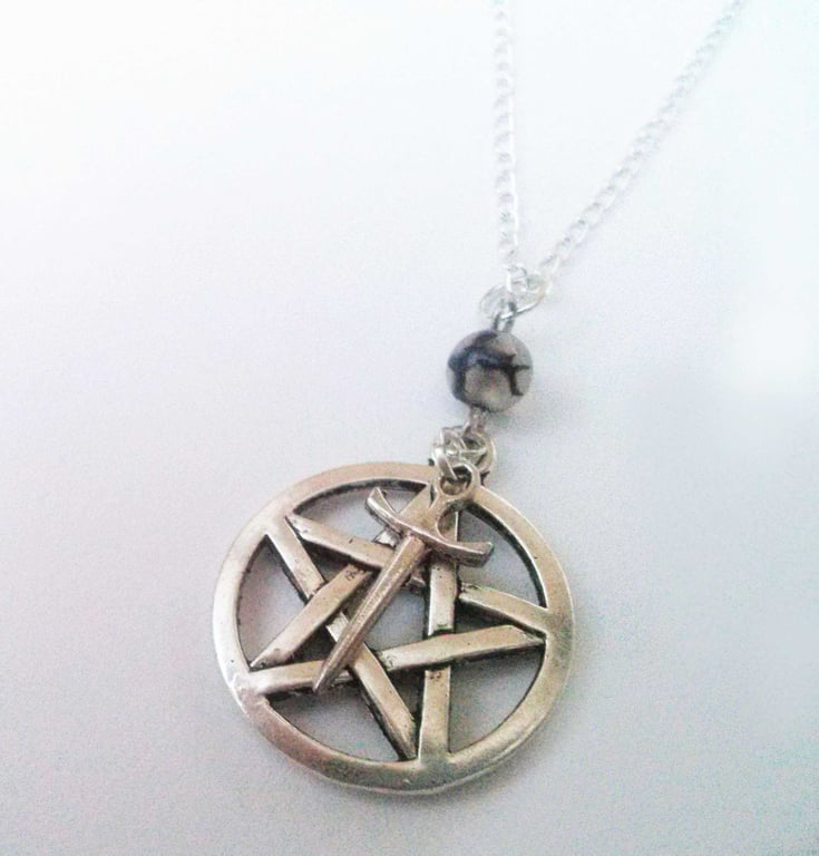 Silver Plate Pentagram Pentacle Athame Dagger Dragons Vein Agate Necklace