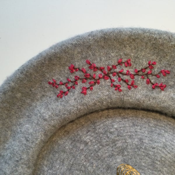 Light grey,  Pure New Wool, Woolmark, Embroidered Beret.