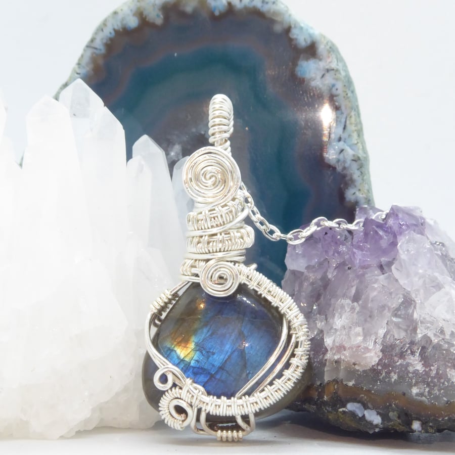 Bright Blue Labradorite Pendant Wrapped in Silver Plated Copper Wire