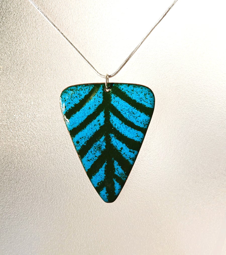 Triangle pendant in teal and green enamel on recycled copper 177