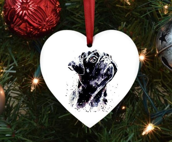 Black Pug Heart Tree Decoration.Black Pug Xmas Tree Decoration,Black Pug Christm