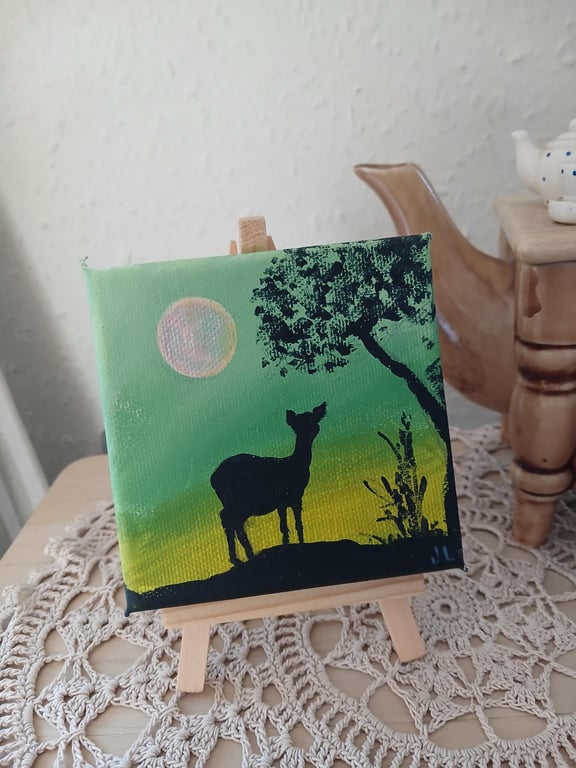 Mini Original Painting of Deer in the Moonlight, canvas and easel