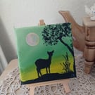 Mini Original Painting of Deer in the Moonlight, canvas and easel
