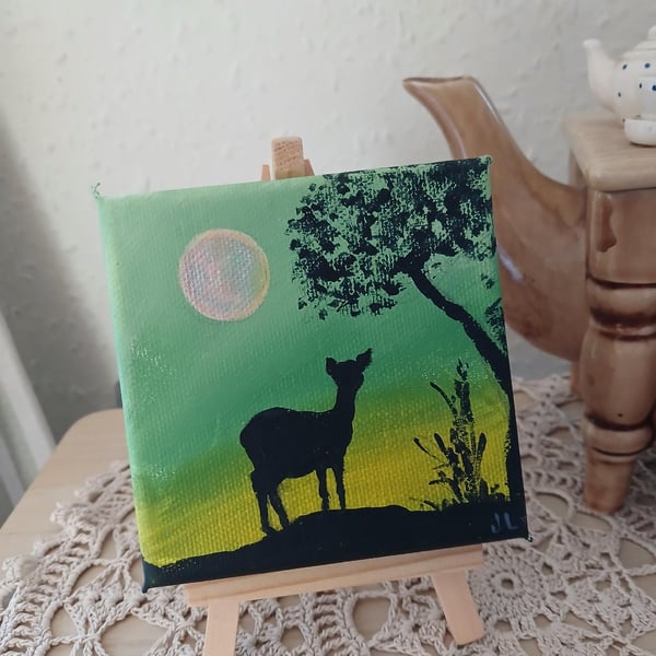 Mini Original Painting of Deer in the Moonlight, canvas and easel