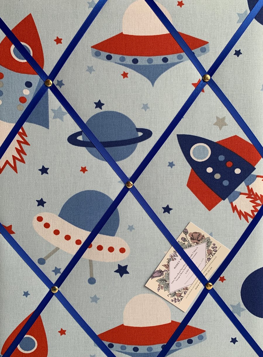 Handmade Bespoke Memo Notice Board With Blue Space Rockets UFOs Fabric