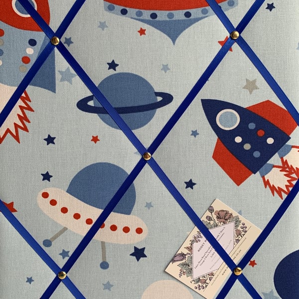 Handmade Bespoke Memo Notice Board With Blue Space Rockets UFOs Fabric