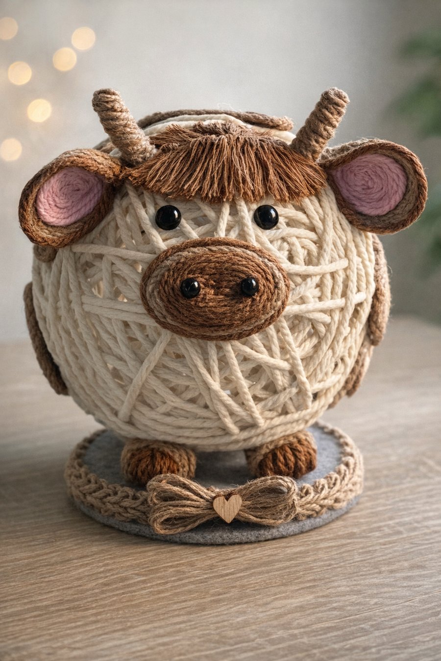 Highland Cow Twine Ornament (15cm) – Handmade Rustic Farm Animal Decoration
