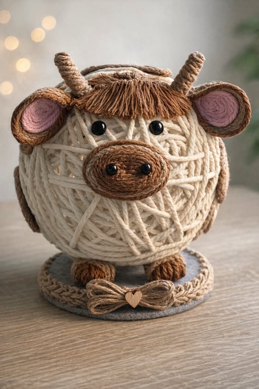 Highland Cow Twine Ornament (17cm) – Handmade Rustic Farm Animal Decoration