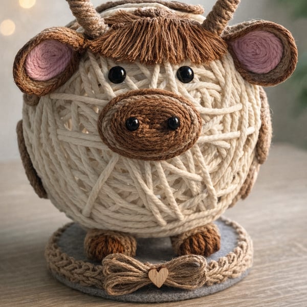 Highland Cow Twine Ornament (15cm) – Handmade Rustic Farm Animal Decoration