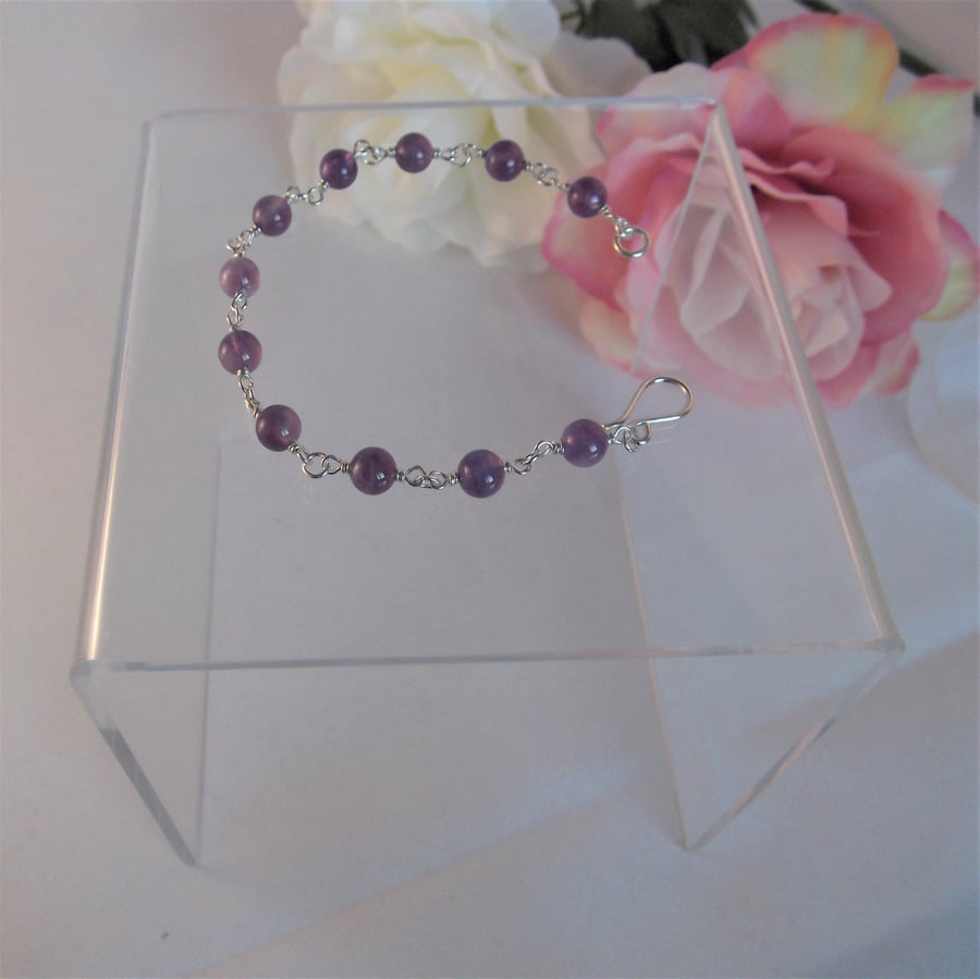 Amethyst gemstone bead bracelet with recycled silver wire wrapped links