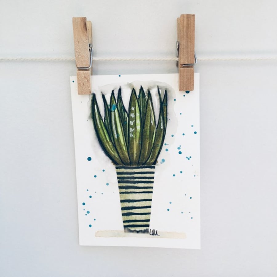 Original art ACEO in watercolour and collage house plant miniature