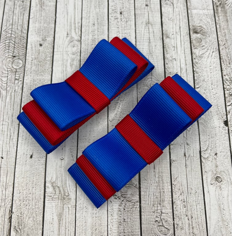 Royal Blue and Red 3 inch Straight Bows on Clips (pair)
