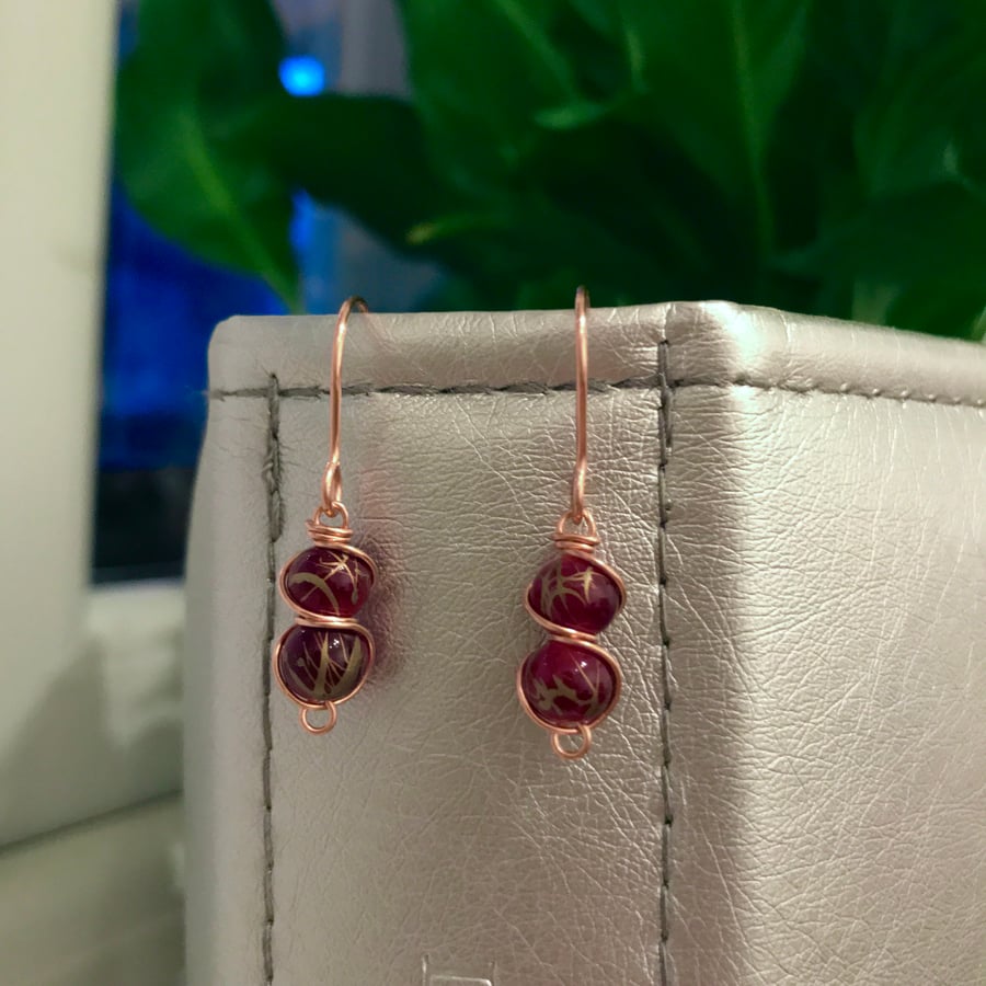 Red Berry Copper Swirl Earrings