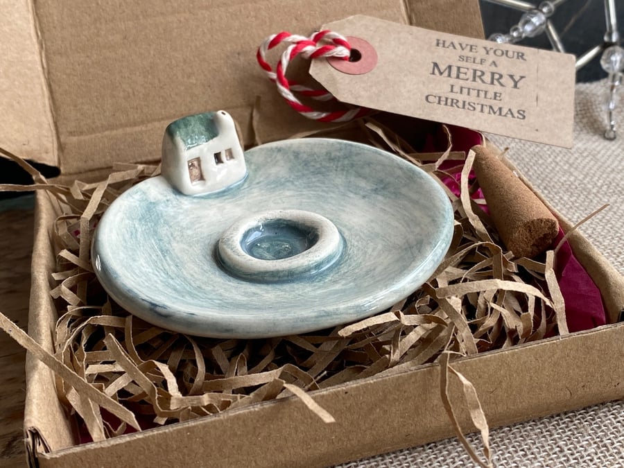 Handmade Ceramic Incense holder with Little House 