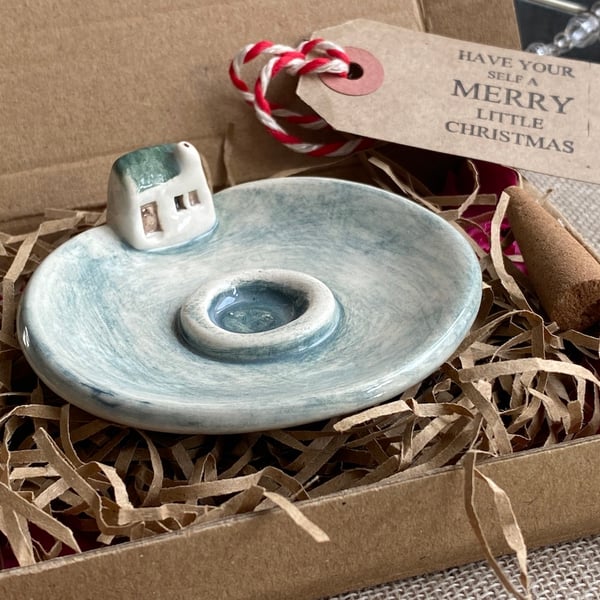 Handmade Ceramic Incense holder with Little House 