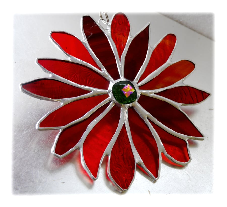 Red Hot Fire Flower Stained Glass Suncatcher Handmade 001