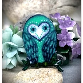 Owl Brooch, Handmade, Green