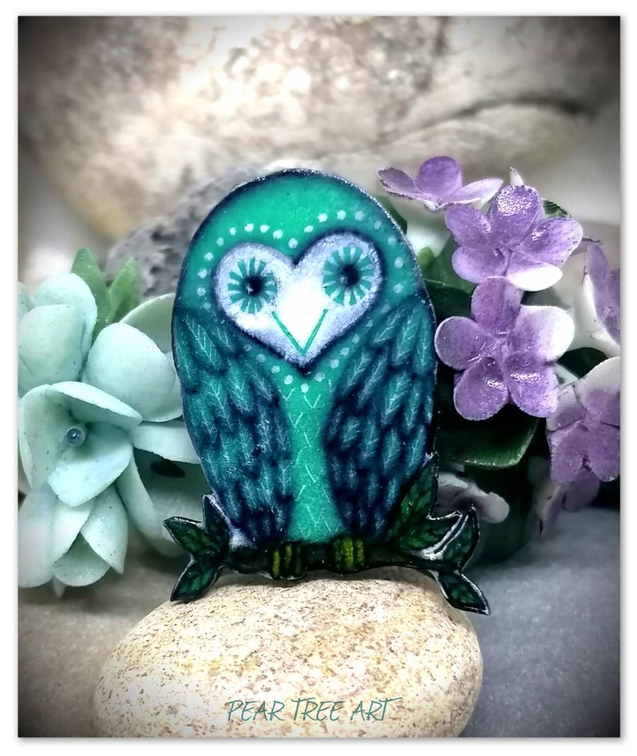 Owl Brooch, Handmade, Green