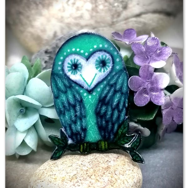 Owl Brooch, Handmade, Green