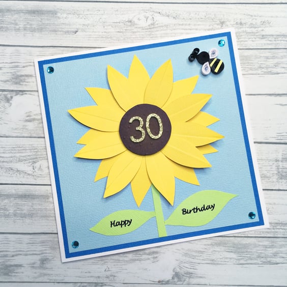 Sunflower and quilled bee birthday card - personalise to any age