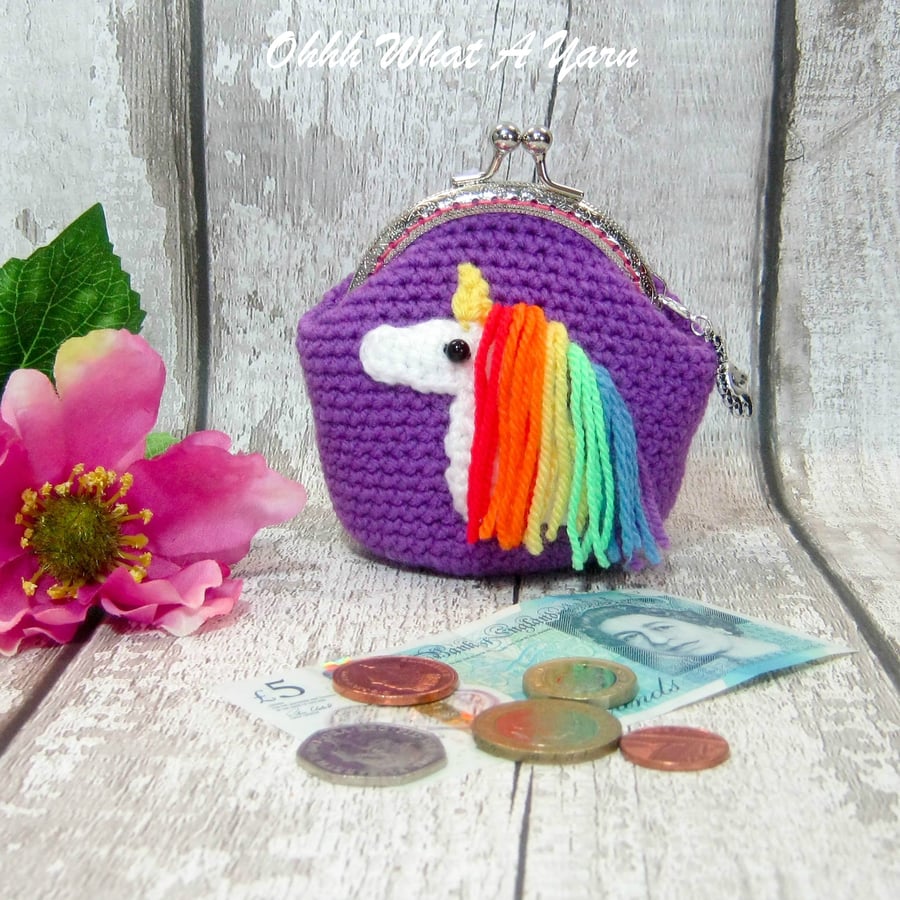 Crochet purple rainbow unicorn purse, crochet purse, coin purse, unicorn purse