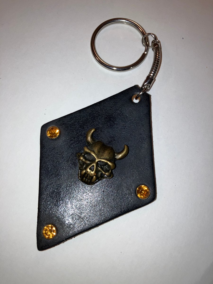 Black Leather Diamond Keyring w bronze horned Skull centre - FREE SHIPPING