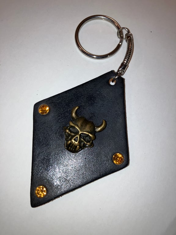 Black Leather Diamond Keyring w bronze horned Skull centre - FREE SHIPPING