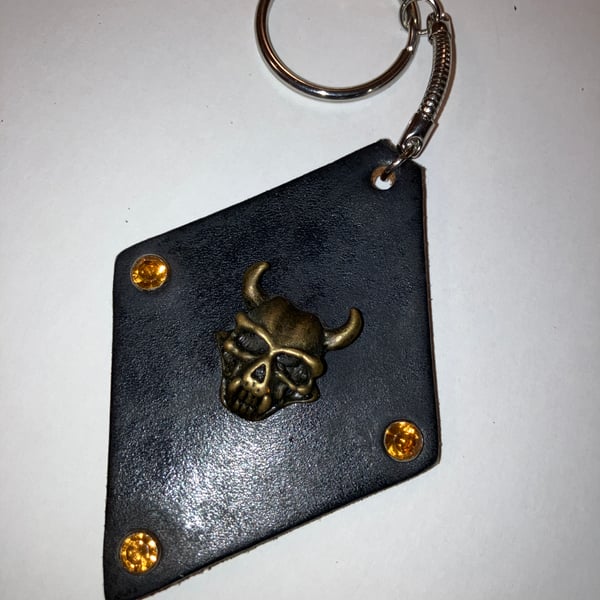 Black Leather Diamond Keyring w bronze horned Skull centre - FREE SHIPPING