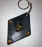 Black Leather Diamond Keyring w bronze horned Skull centre - FREE SHIPPING