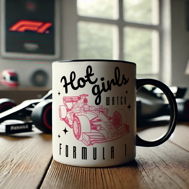 Hot Girls Watch F1 - Black & Pink Mug: Formula 1 Mug for Racing Fan Gift For Her