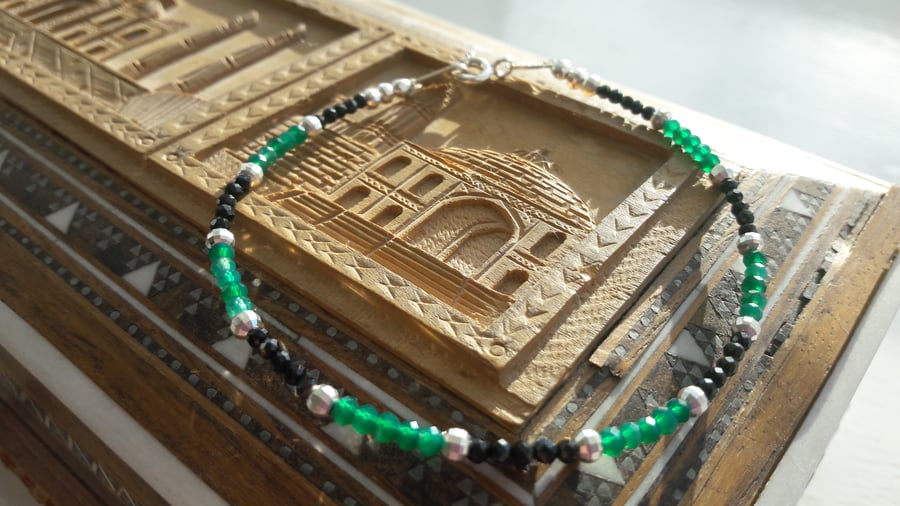 Black Spinel, Green Onyx and Sterling Silver Bracelet