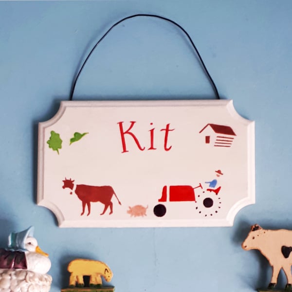 .Retro Farm, Child's Personalised Door Plaque.