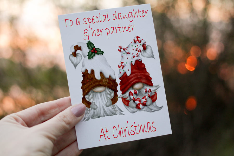 Gnome Daughter & Partner Christmas Card, Daughter Christmas Card, Personalized