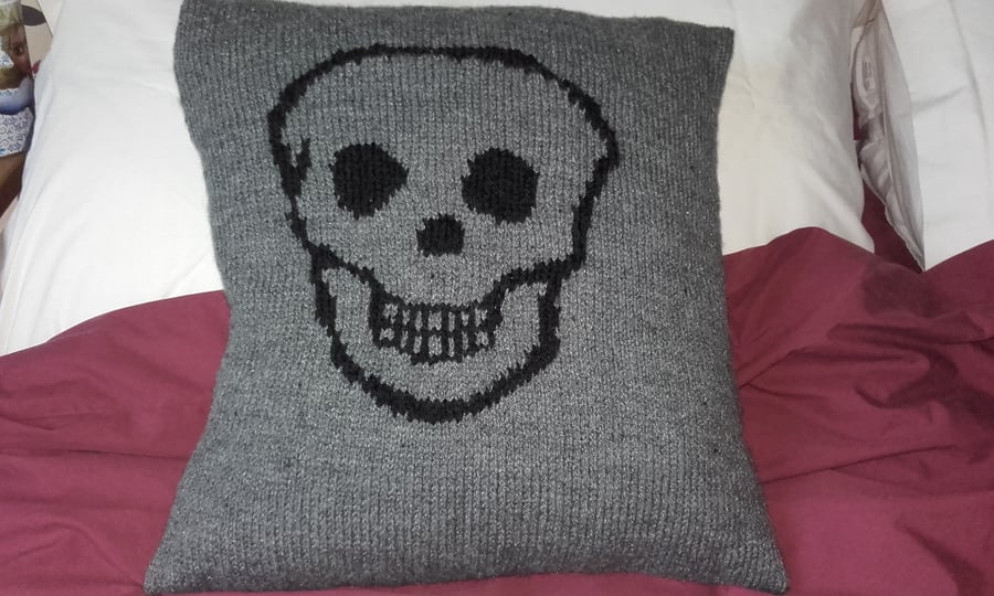 Hand knitted skull cushion cover, black & grey cushion, skull cushion, skulls