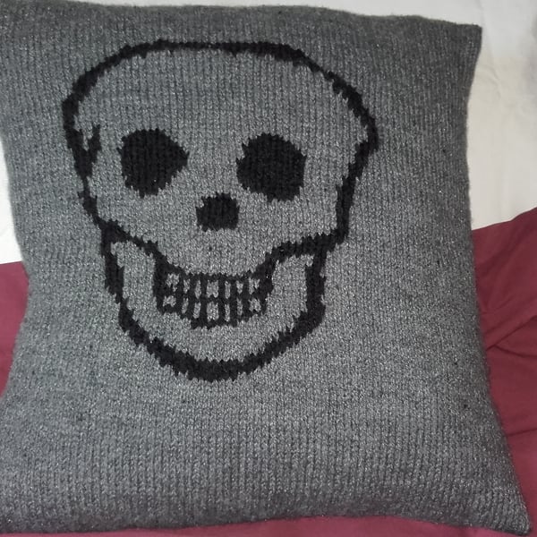 Hand knitted skull cushion cover, black & grey cushion, skull cushion, skulls