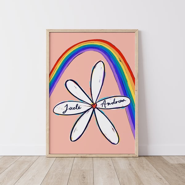Rainbow Daisy Personalised Couples Name Art Print
