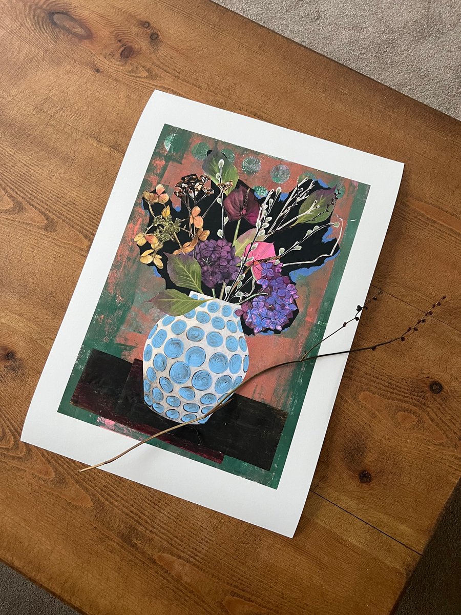 A3 art print - Autumn flowers in blue spotted vase (01)