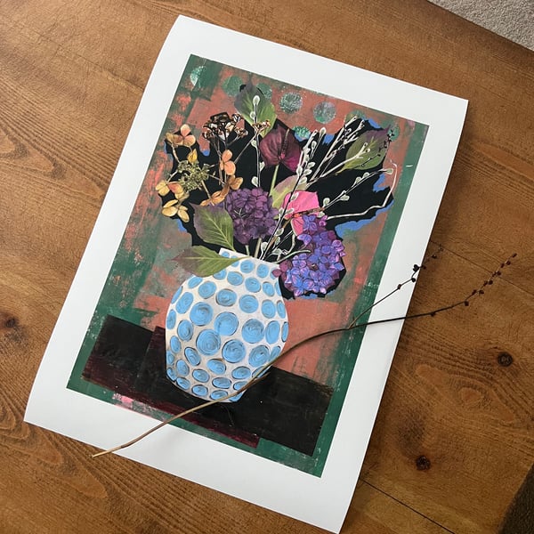 A3 art print - Autumn flowers in blue spotted vase (01)