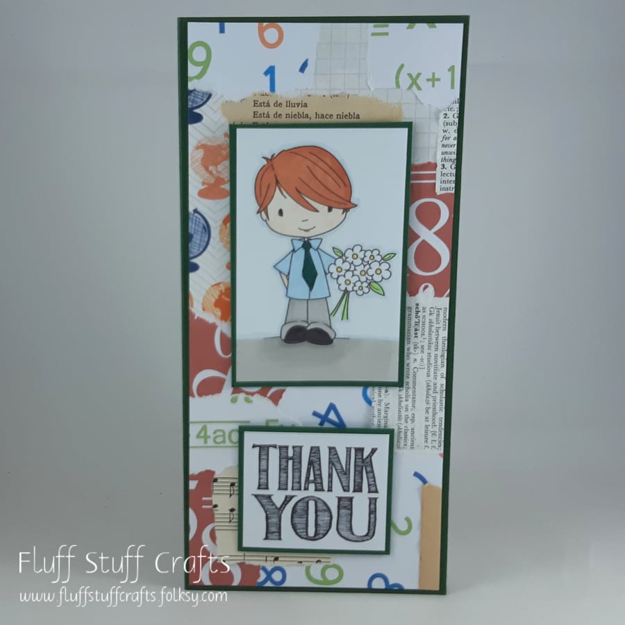 Handmade thank you teacher card - schoolboy with flowers