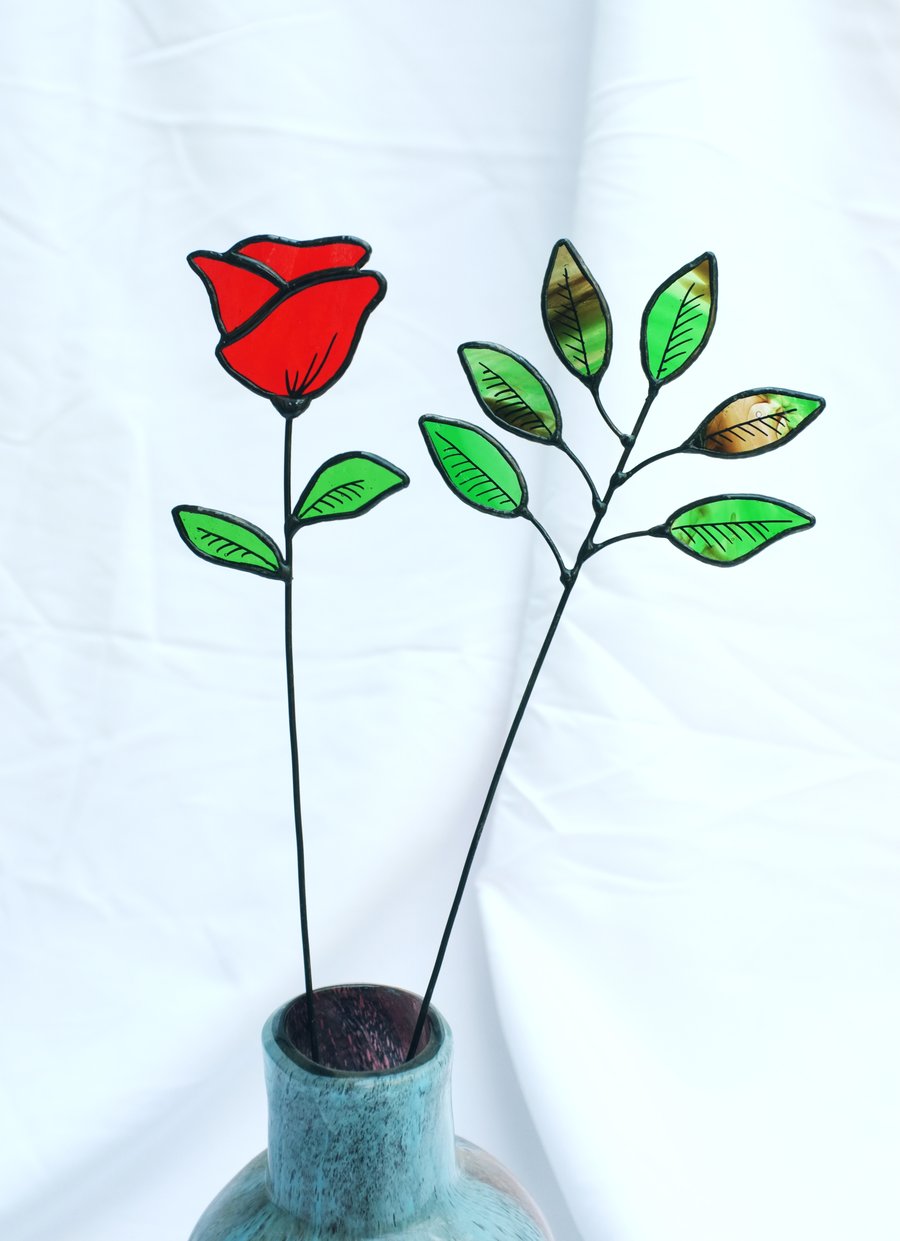 Eternal Red Rose Stained Glass - Handmade Forever Flowers