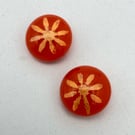 Red Orange Fused Glass Flower Stud Earrings