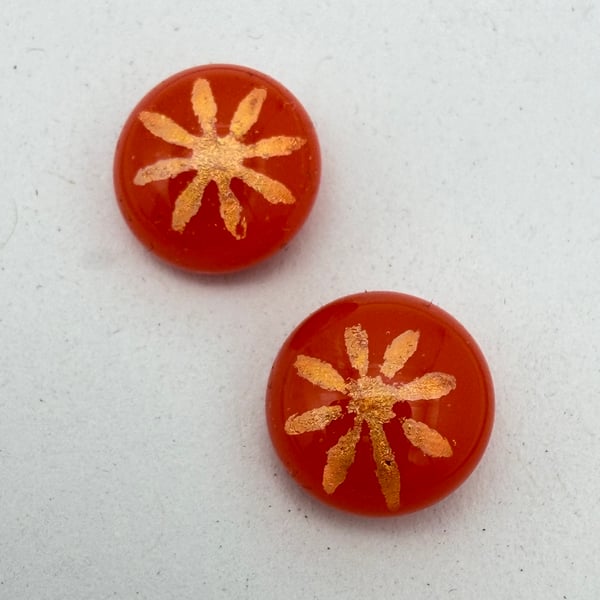 Red Orange Fused Glass Flower Stud Earrings