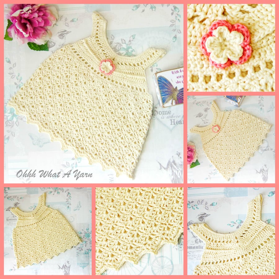 Cream lacy crochet baby dress. Crochet dress. Baby sun dress. 3-6 months