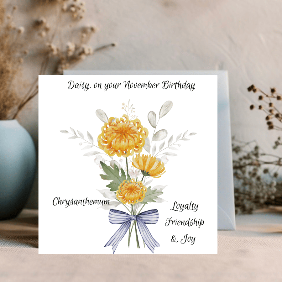 November Birthday Card, personalised, Birth Flower Card, Chrysanthemum