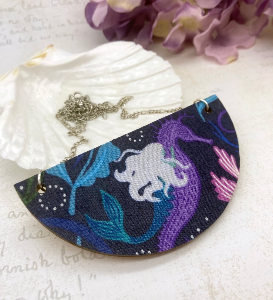 Mermaid and seahorse fabric and wood statement necklace