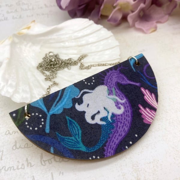 Mermaid and seahorse fabric and wood statement necklace