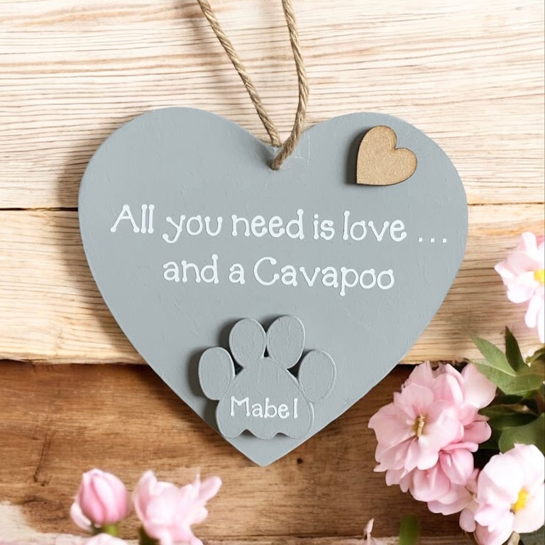 Cavapoo Gift With Personalised Paw Grey Wooden Hanging Heart Sign