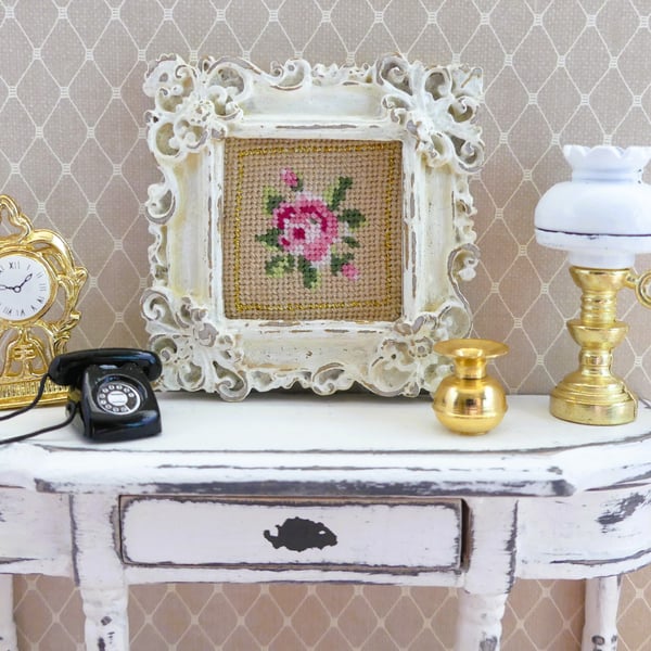 1.12 Scale Miniature Cross Stitch Framed Picture - Floral Design